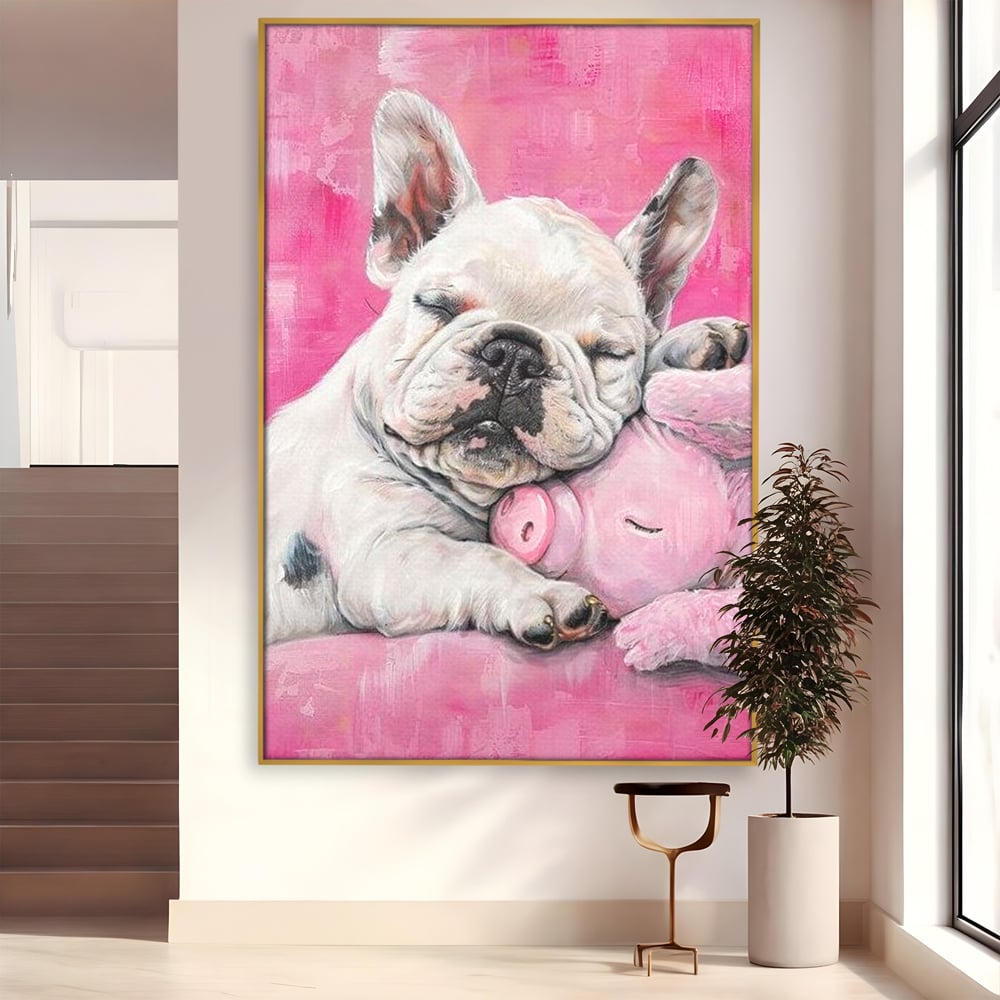 Tablou canvas cu pictura cu bulldog si porcusor, in rama de aluminiu auriu
